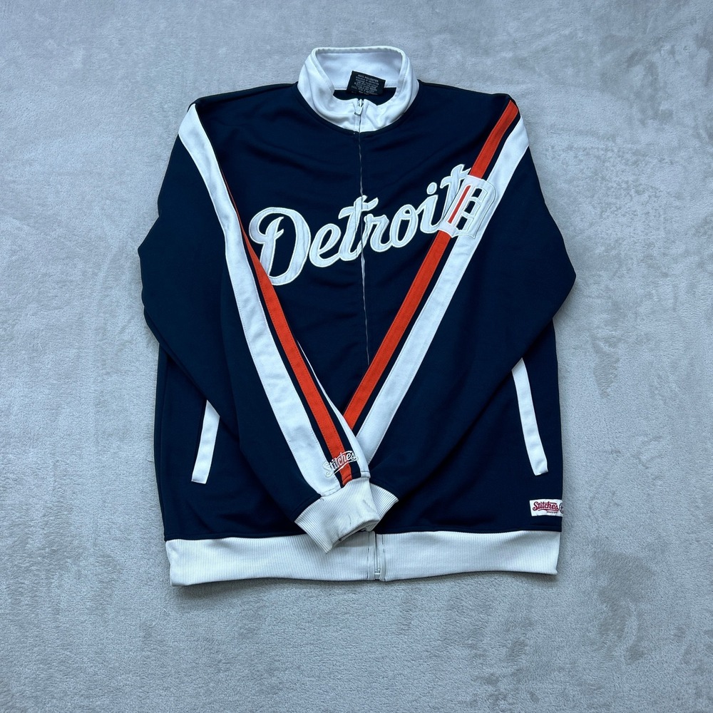 Stitches Detroit Tigers Track Jacket Mens Large Navy Blue Full Zip Baseball MLB